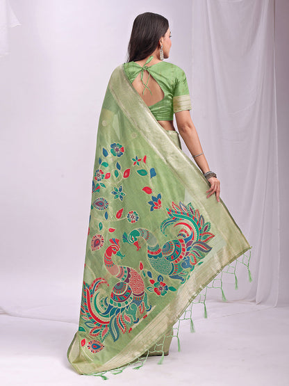 Monjolika Fashion Light Green Handwoven Linen Cotton Blend Saree with Multicolor Peacock Motif Pallu & Zari Border