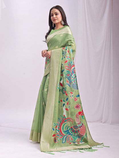 Monjolika Fashion Light Green Handwoven Linen Cotton Blend Saree with Multicolor Peacock Motif Pallu & Zari Border
