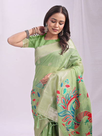 Monjolika Fashion Light Green Handwoven Linen Cotton Blend Saree with Multicolor Peacock Motif Pallu & Zari Border