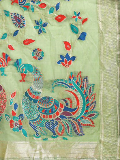Monjolika Fashion Light Green Handwoven Linen Cotton Blend Saree with Multicolor Peacock Motif Pallu & Zari Border