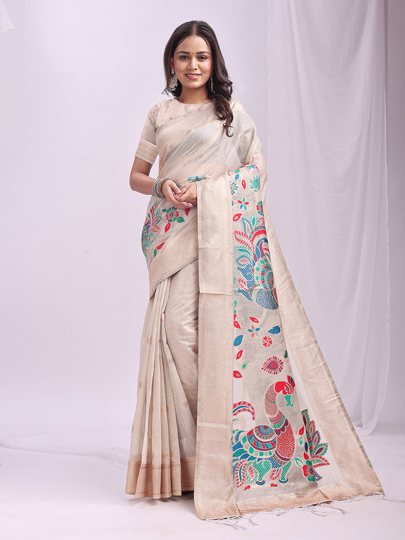 Monjolika Fashion Off White Handwoven Linen Cotton Blend Saree with Multicolor Peacock Motif Pallu & Zari Border