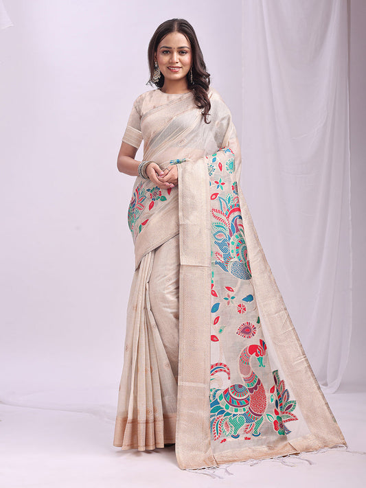 Monjolika Fashion Off White Handwoven Linen Cotton Blend Saree with Multicolor Peacock Motif Pallu & Zari Border