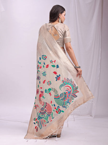 Monjolika Fashion Off White Handwoven Linen Cotton Blend Saree with Multicolor Peacock Motif Pallu & Zari Border
