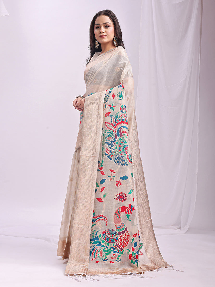 Monjolika Fashion Off White Handwoven Linen Cotton Blend Saree with Multicolor Peacock Motif Pallu & Zari Border