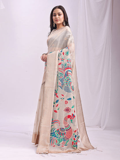 Monjolika Fashion Off White Handwoven Linen Cotton Blend Saree with Multicolor Peacock Motif Pallu & Zari Border