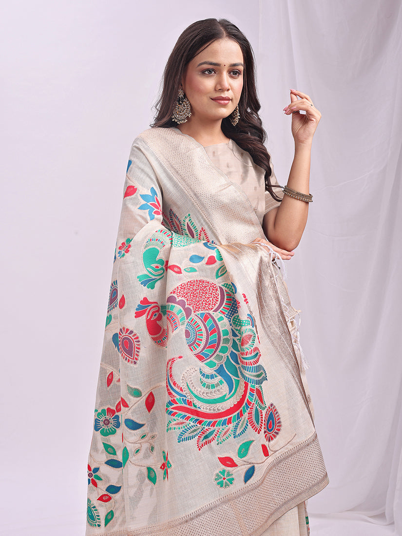 Monjolika Fashion Off White Handwoven Linen Cotton Blend Saree with Multicolor Peacock Motif Pallu & Zari Border