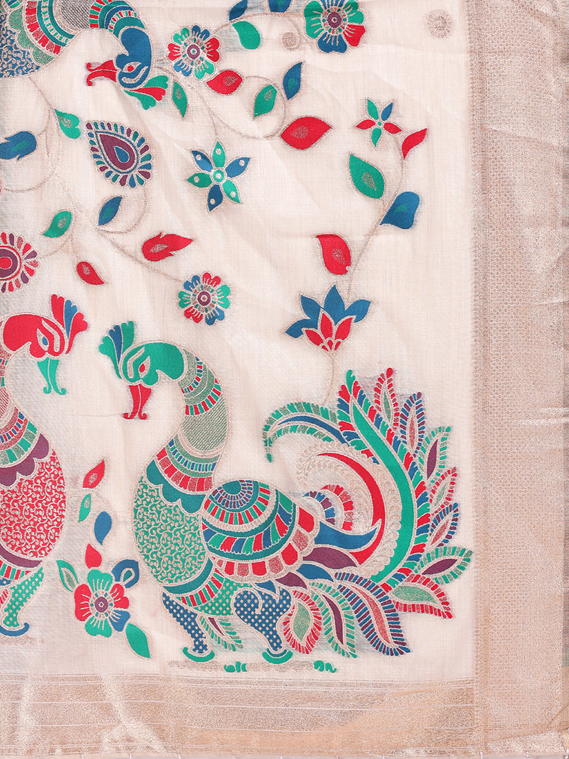 Monjolika Fashion Off White Handwoven Linen Cotton Blend Saree with Multicolor Peacock Motif Pallu & Zari Border
