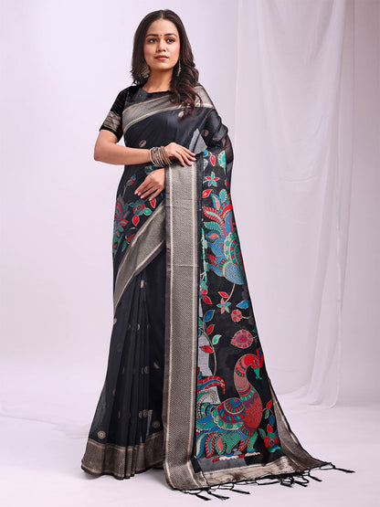 Monjolika Fashion Black Handwoven Linen Cotton Blend Saree with Multicolor Peacock Motif Pallu & Zari Border