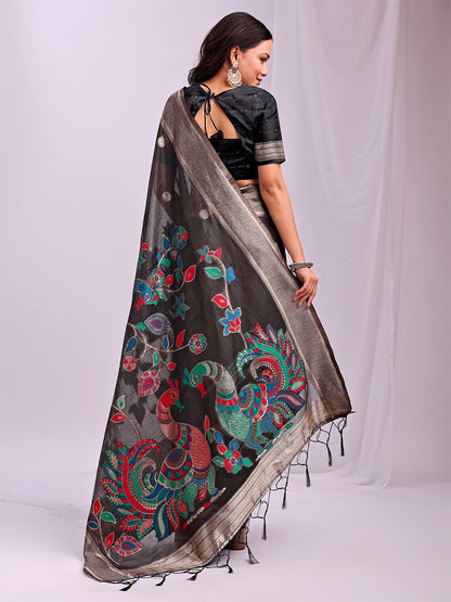 Monjolika Fashion Black Handwoven Linen Cotton Blend Saree with Multicolor Peacock Motif Pallu & Zari Border