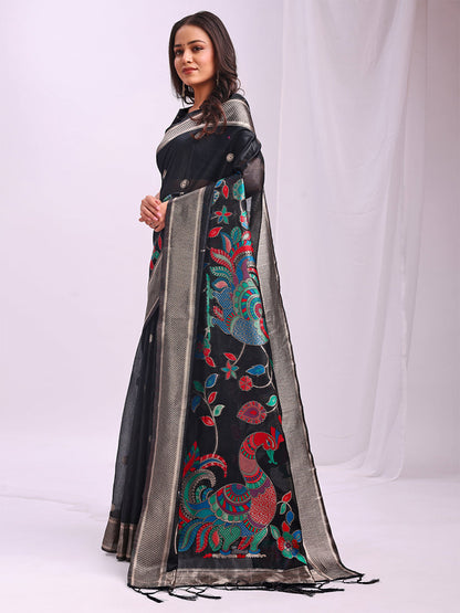 Monjolika Fashion Black Handwoven Linen Cotton Blend Saree with Multicolor Peacock Motif Pallu & Zari Border