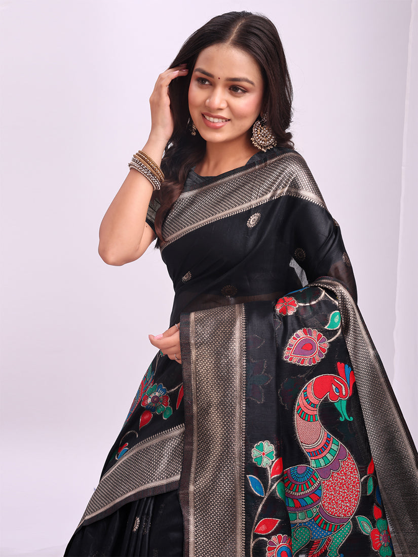Monjolika Fashion Black Handwoven Linen Cotton Blend Saree with Multicolor Peacock Motif Pallu & Zari Border