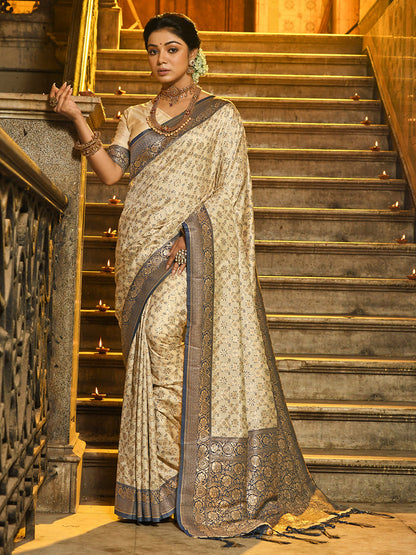Monjolika Fashion Cream Banarasi Silk Blend Saree with Navy Blue Zari Border