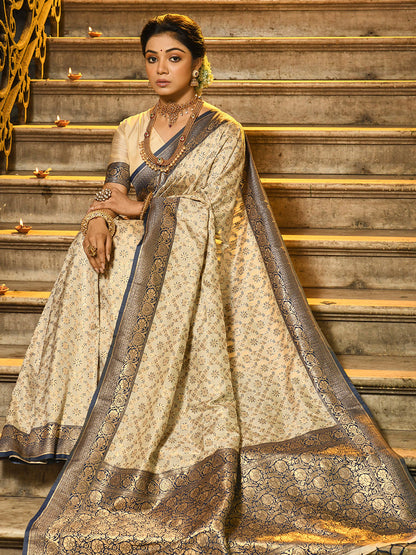 Monjolika Fashion Cream Banarasi Silk Blend Saree with Navy Blue Zari Border
