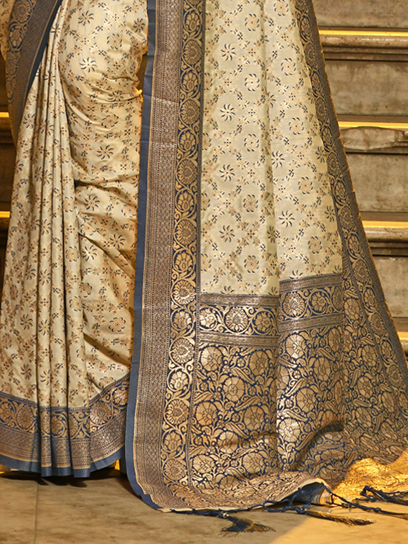 Monjolika Fashion Cream Banarasi Silk Blend Saree with Navy Blue Zari Border