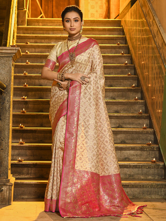 Monjolika Fashion Cream Banarasi Silk Blend Saree with Rani Pink Zari Border