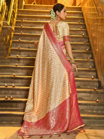 Monjolika Fashion Cream Banarasi Silk Blend Saree with Rani Pink Zari Border