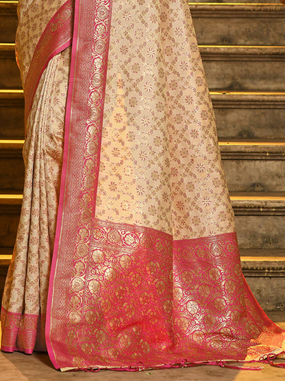 Monjolika Fashion Cream Banarasi Silk Blend Saree with Rani Pink Zari Border