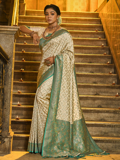 Monjolika Fashion Cream Banarasi Silk Blend Saree with Sea Green Zari Border