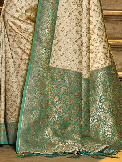 Monjolika Fashion Cream Banarasi Silk Blend Saree with Sea Green Zari Border