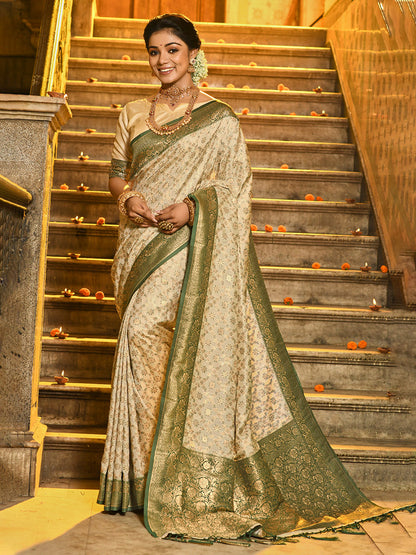 Monjolika Fashion Cream Banarasi Silk Blend Saree with Dark Green Zari Border