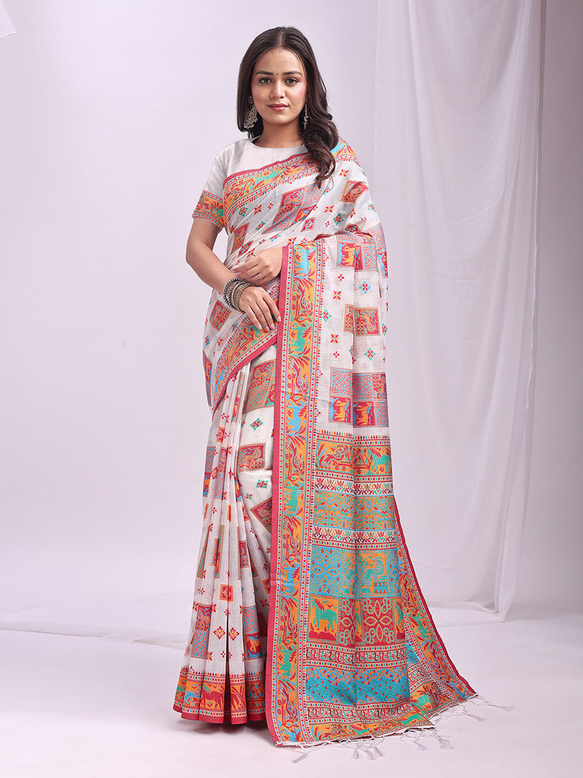 Monjolika Fashion White Linen Cotton Blend Saree with Multicolor Ethnic Print