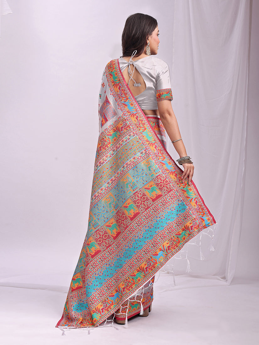 Monjolika Fashion White Linen Cotton Blend Saree with Multicolor Ethnic Print