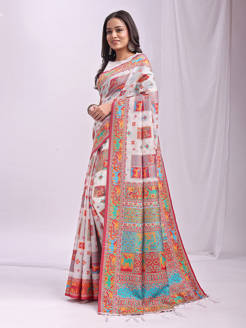 Monjolika Fashion White Linen Cotton Blend Saree with Multicolor Ethnic Print