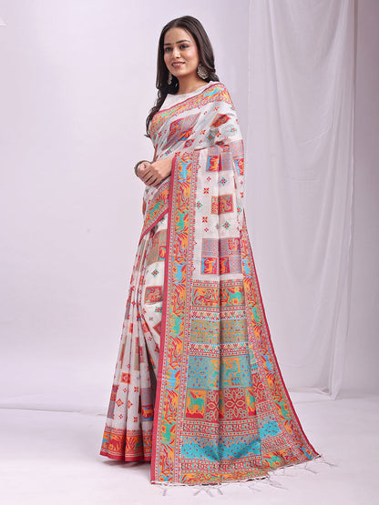 Monjolika Fashion White Linen Cotton Blend Saree with Multicolor Ethnic Print
