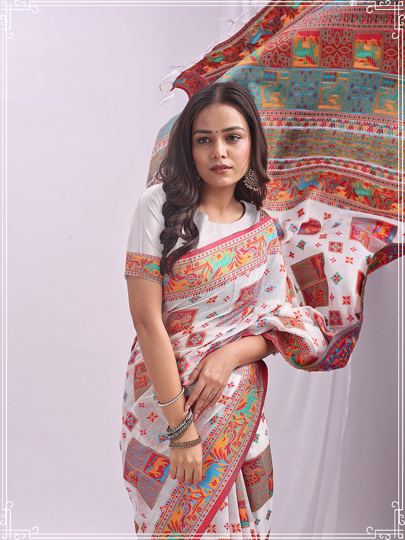 Monjolika Fashion White Linen Cotton Blend Saree with Multicolor Ethnic Print