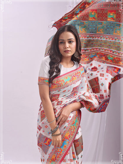 Monjolika Fashion White Linen Cotton Blend Saree with Multicolor Ethnic Print