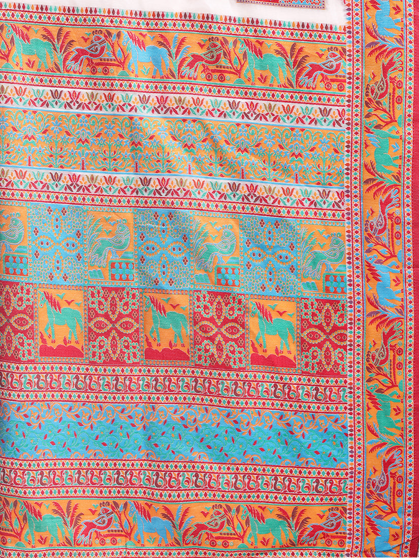 Monjolika Fashion White Linen Cotton Blend Saree with Multicolor Ethnic Print