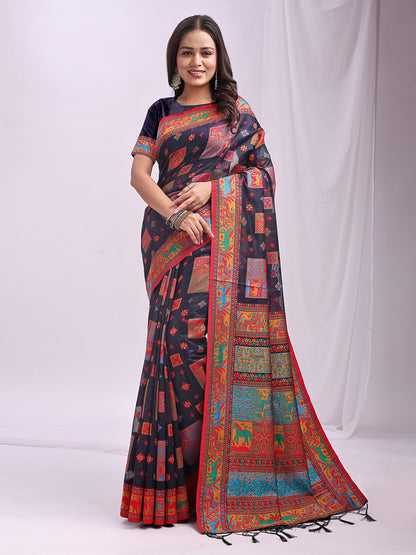 Monjolika Fashion Navy Blue Linen Cotton Blend Saree with Multicolor Ethnic Print