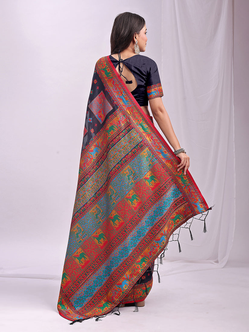 Monjolika Fashion Navy Blue Linen Cotton Blend Saree with Multicolor Ethnic Print