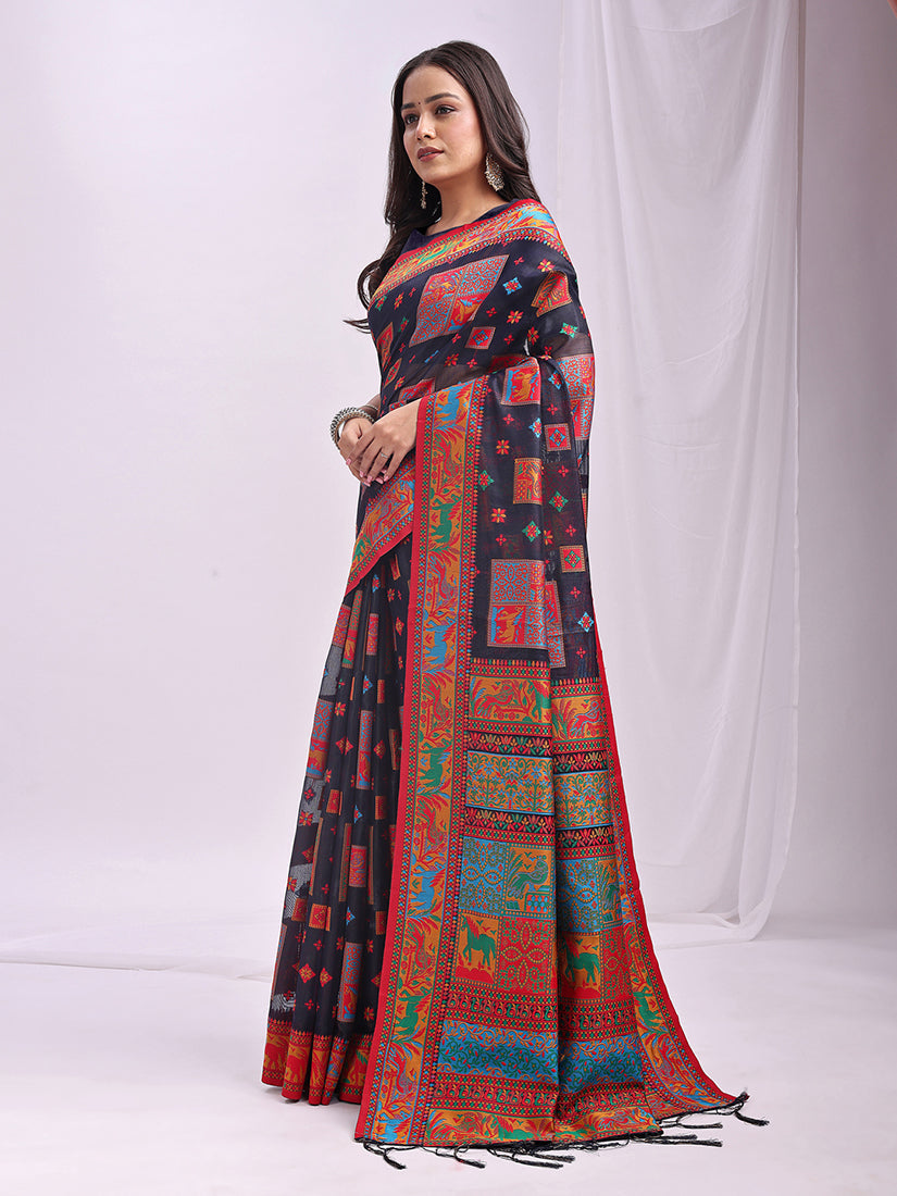 Monjolika Fashion Navy Blue Linen Cotton Blend Saree with Multicolor Ethnic Print