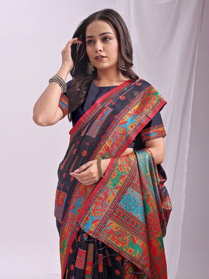 Monjolika Fashion Navy Blue Linen Cotton Blend Saree with Multicolor Ethnic Print