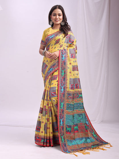 Monjolika Fashion Yellow Linen Cotton Blend Saree with Multicolor Ethnic Print