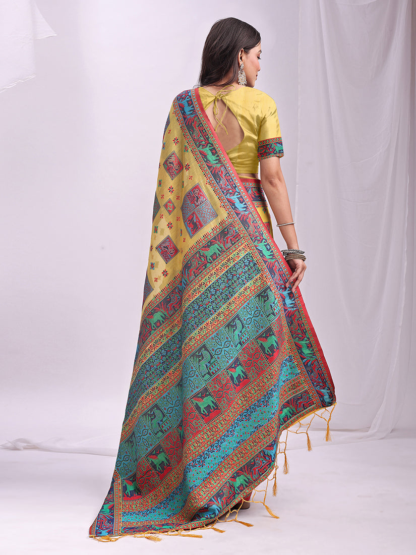 Monjolika Fashion Yellow Linen Cotton Blend Saree with Multicolor Ethnic Print