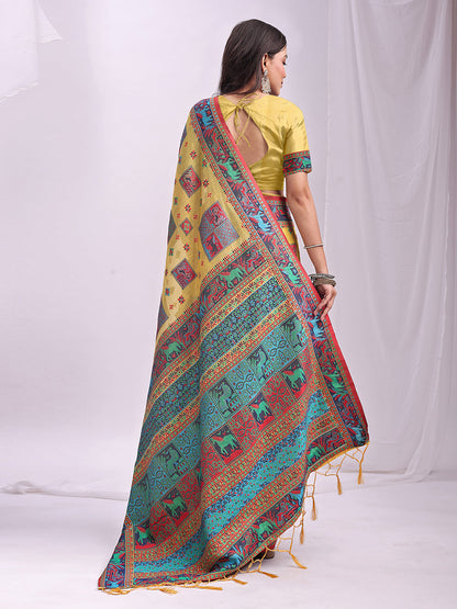 Monjolika Fashion Yellow Linen Cotton Blend Saree with Multicolor Ethnic Print