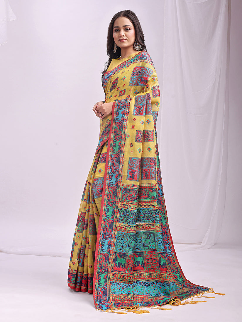 Monjolika Fashion Yellow Linen Cotton Blend Saree with Multicolor Ethnic Print