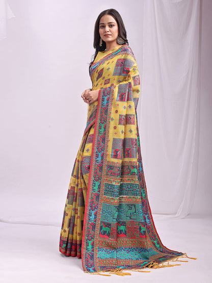 Monjolika Fashion Yellow Linen Cotton Blend Saree with Multicolor Ethnic Print