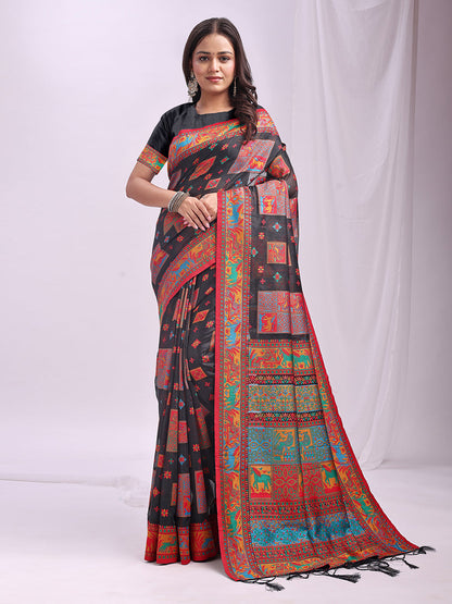 Monjolika Fashion Black Linen Cotton Blend Saree with Multicolor Ethnic Print