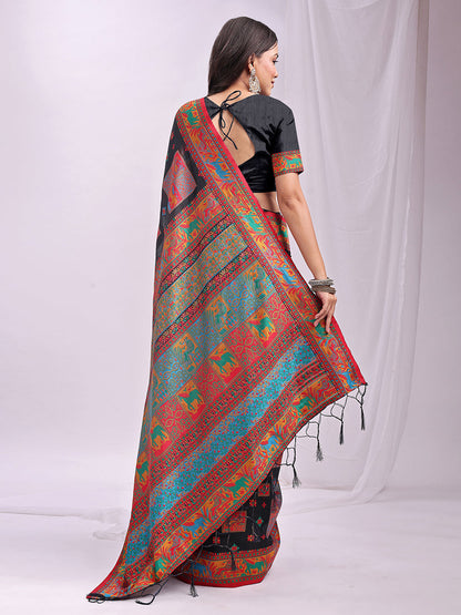 Monjolika Fashion Black Linen Cotton Blend Saree with Multicolor Ethnic Print