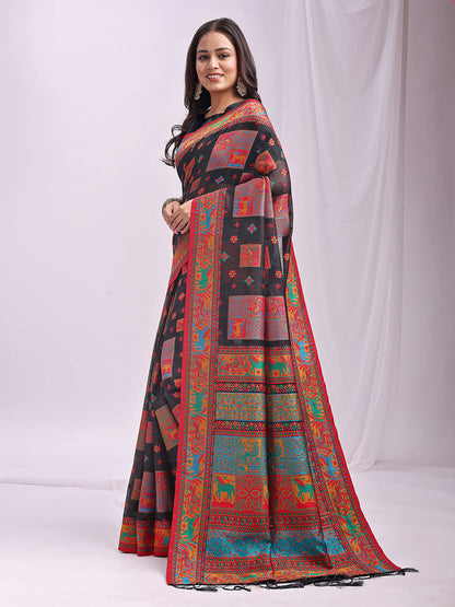 Monjolika Fashion Black Linen Cotton Blend Saree with Multicolor Ethnic Print