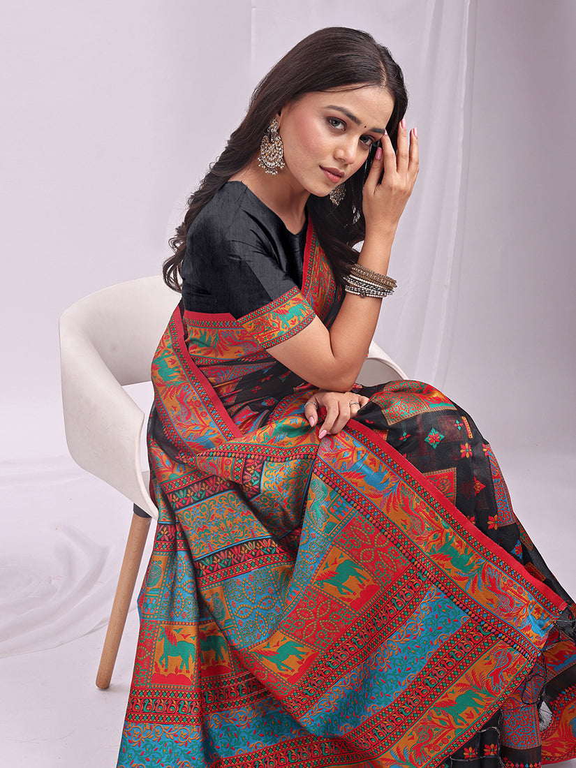 Monjolika Fashion Black Linen Cotton Blend Saree with Multicolor Ethnic Print