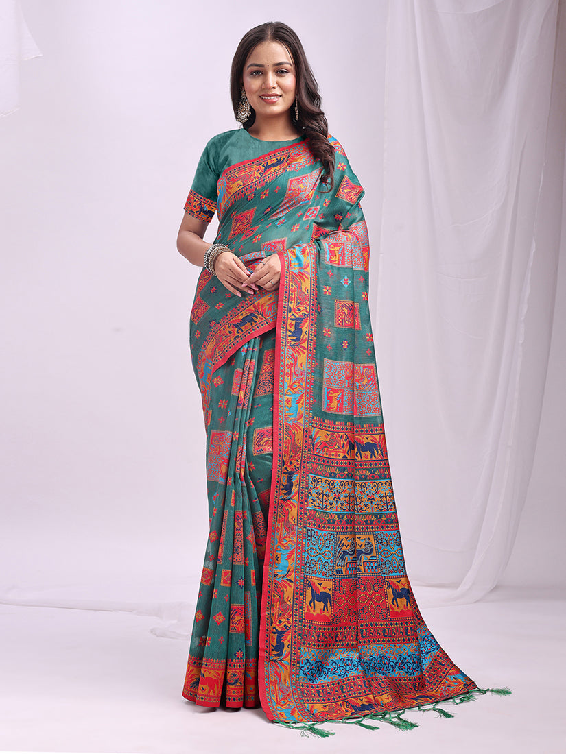 Monjolika Fashion Teal Linen Cotton Blend Saree with Multicolor Ethnic Print