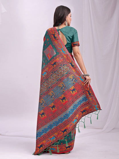 Monjolika Fashion Teal Linen Cotton Blend Saree with Multicolor Ethnic Print