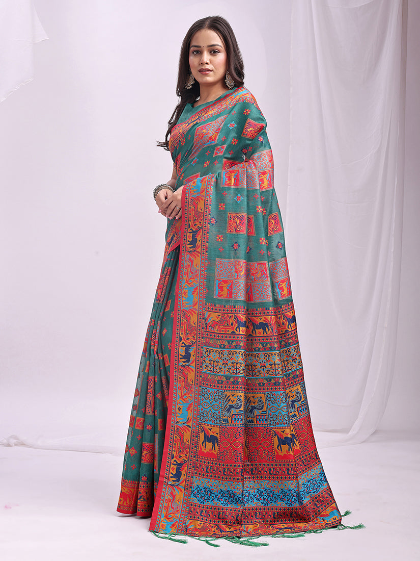 Monjolika Fashion Teal Linen Cotton Blend Saree with Multicolor Ethnic Print