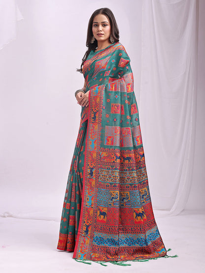Monjolika Fashion Teal Linen Cotton Blend Saree with Multicolor Ethnic Print