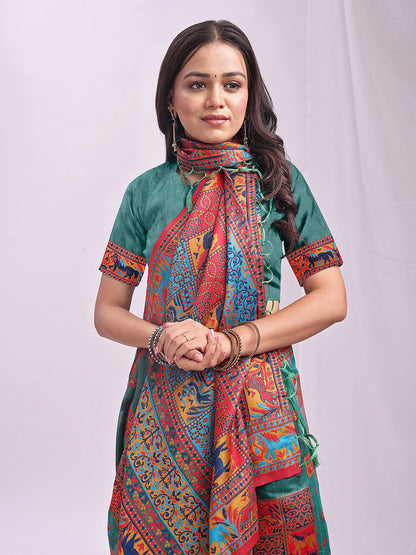 Monjolika Fashion Teal Linen Cotton Blend Saree with Multicolor Ethnic Print
