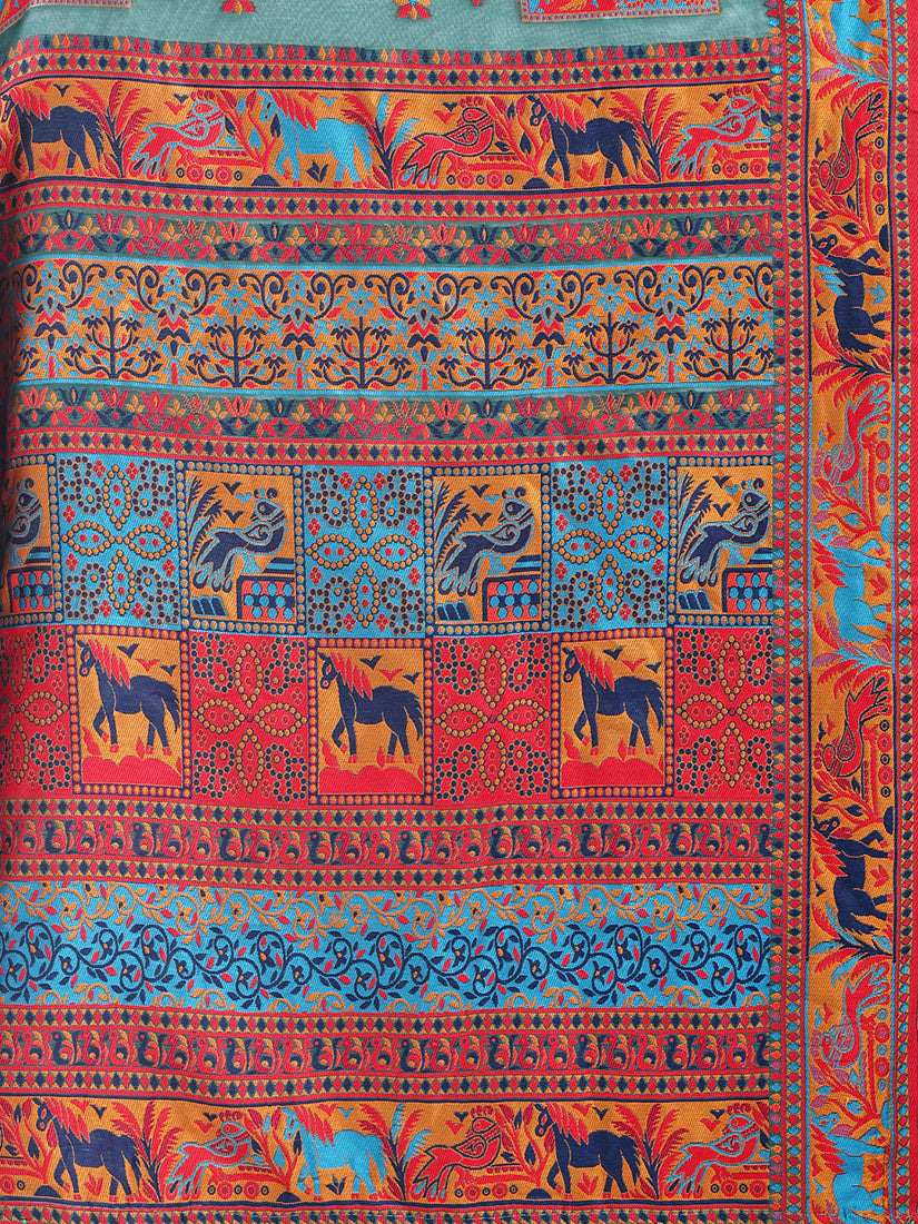 Monjolika Fashion Teal Linen Cotton Blend Saree with Multicolor Ethnic Print